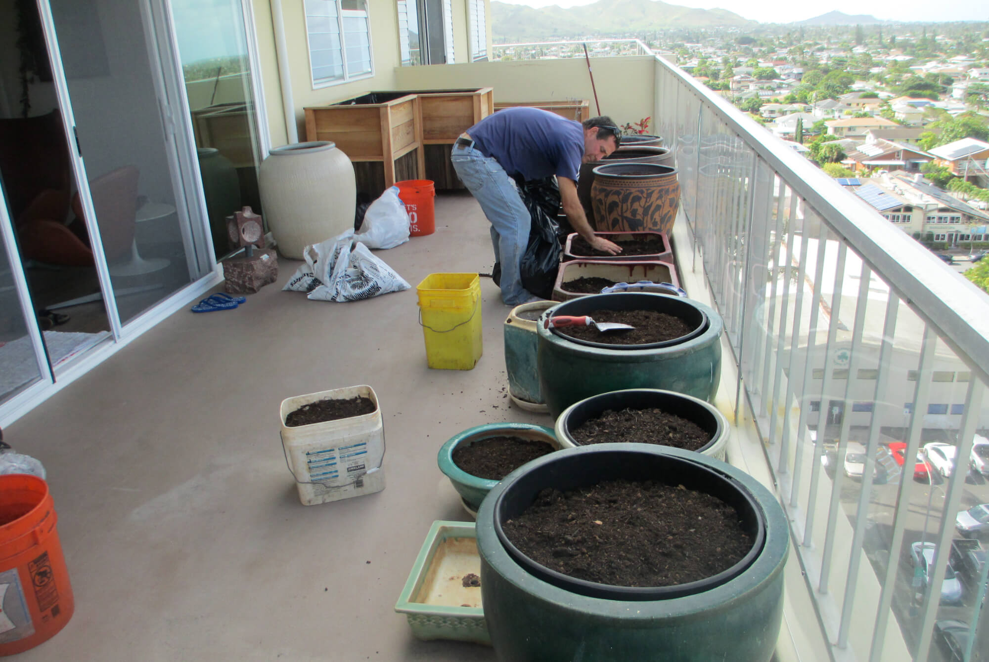 Filling the pots with our super soil mix